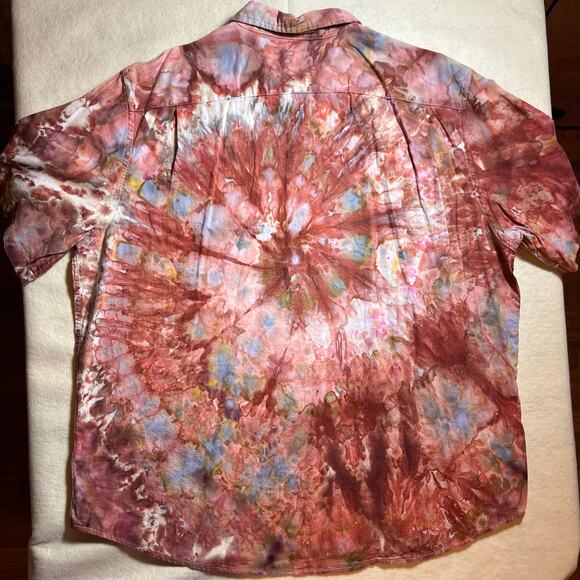 Custom Tie Dye Men’s 2XL Short Sleeve Linen Blend Button Down Shirt Red Brown - Picture 12 of 13